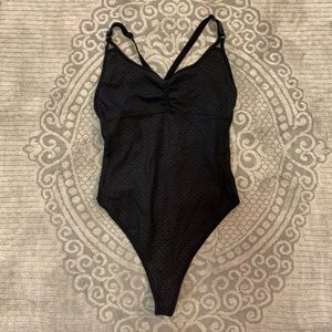 Lululemon Cross Back Ruched Black Bodysuit, Size 2
